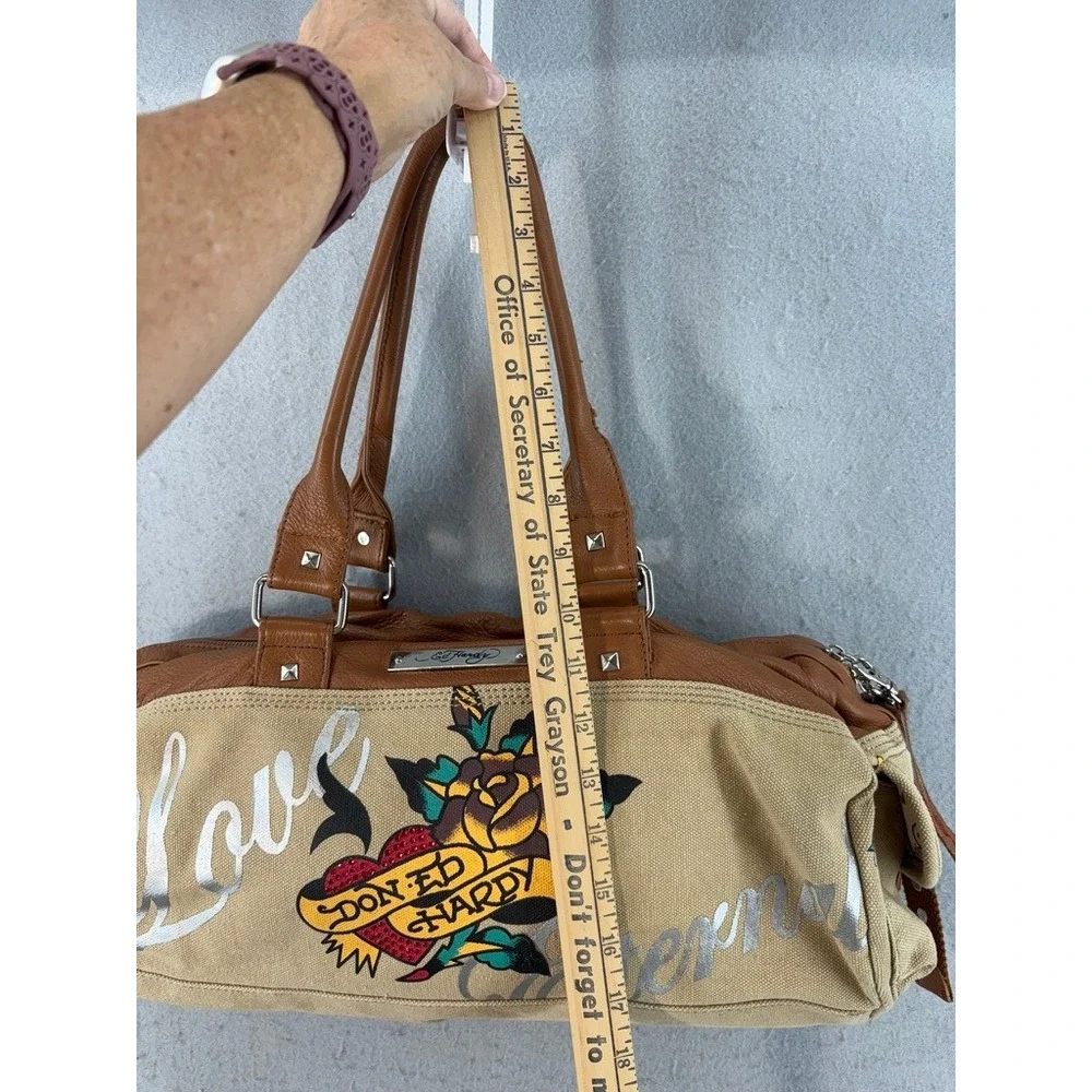 Ed Hardy Satchel Bag Tan Tattoo Graphic Rhinestone Love Eternal Y2K Retro